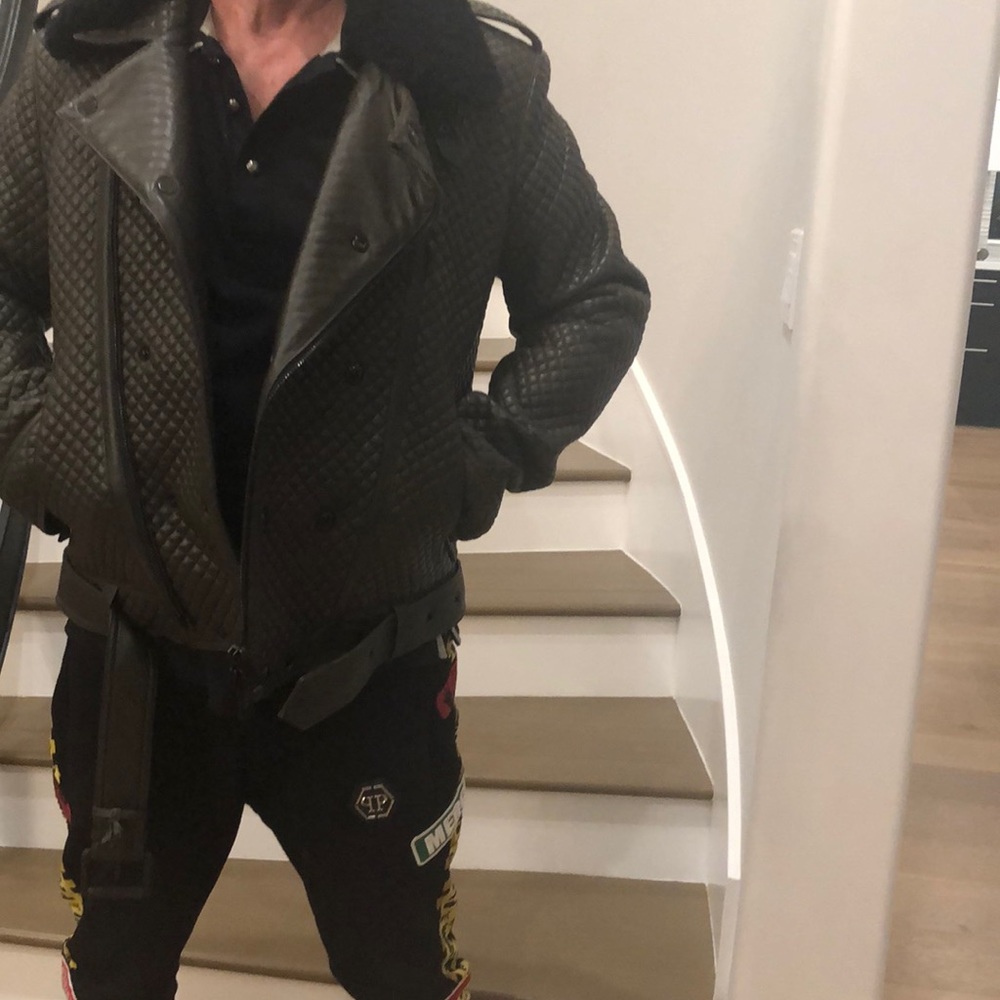 Man leather jacket with sheep shearling fur